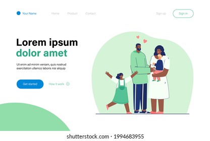 Family welcoming foster child. Black woman holding white boy. Everyone happy and loving. Girl jumping joyfully. Foster parenting concept for banner, website design or landing web page