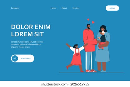 Family welcoming foster child. Black woman holding white boy. Everyone happy and loving. Girl jumping joyfully. Foster parenting concept for banner, website design or landing web page