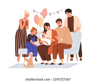 Acogedor familiar, saludo recién nacido en la fiesta de la ducha de bebé. Familiares felices, amigos conociendo a padres con un hijo nuevo, infante en una ducha de bebé. Ilustración vectorial gráfica plana aislada en fondo blanco