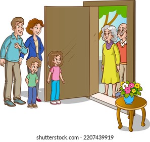 Family Welcoming Guests At The Door