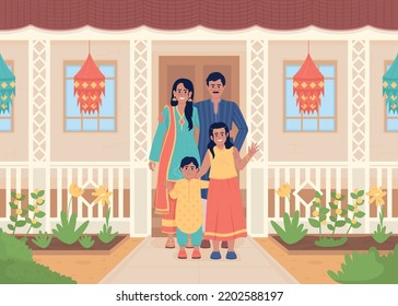 Family welcoming guests at front porch flat color vector illustration. Greeting visitors. Diwali festival tradition. Fully editable 2D simple cartoon characters with house exterior on background