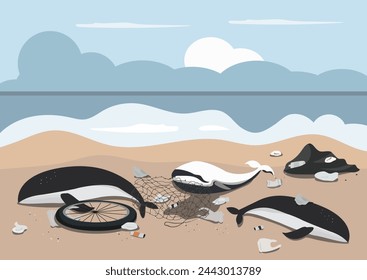 a family whale carcass stranded on beach with fishing net waste and plastic pollution around background