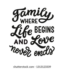 Family where life begins and love never ends. Hand drawn family inspirational quote isolated on white background. Vector typography for home decor, posters, prints, pillows