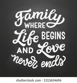 Family where life begins and love never ends. Hand drawn family inspirational quote on chalkboard background. Vector typography for home decor, posters, prints, pillows