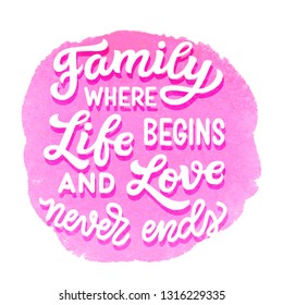 Family where life begins and love never ends. Hand drawn family inspirational quote on watercolor background. Vector typography for home decor, posters, prints, pillows