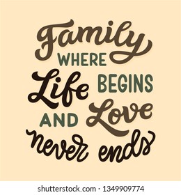 Family where life begins and love never ends. Hand drawn family inspirational quote isolated on white background. Vector typography for home decor, posters, prints, pillows, t shirts