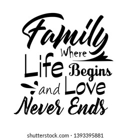 Family where life begins and love never ends. Hand drawn family inspirational quote isolated on white background. Vector typography for home decor, posters, prints, pillows