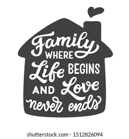 Family where life begins and love never ends. Hand drawn family inspirational quote and a silhouette of a house isolated on white background. Vector typography for home decor, posters, prints, pillows