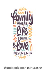 Family where life begins and love never ends. Hand drawn family inspirational quote isolated on white background. Vector typography for home decor, posters, prints, pillows
