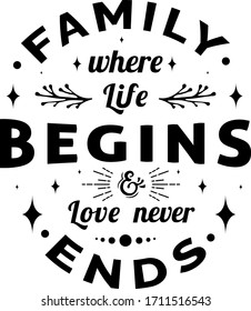 Family where life begins and love never ends - text word Hand drawn Lettering card. Modern brush calligraphy t-shirt Vector illustration.inspirational design for posters, banners background.