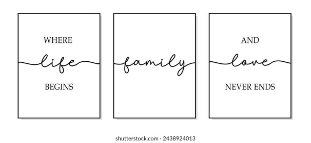 Family, where life begins and love never ends. Inspirational life quote. Family frame typography text. Modern family poster design in frame. Vector word illustration. Wall art sign bedroom, wall decor