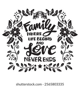 Family where life begins and love never ends. Hand drawn lettering. Inspirational quotes. Vector illustration.