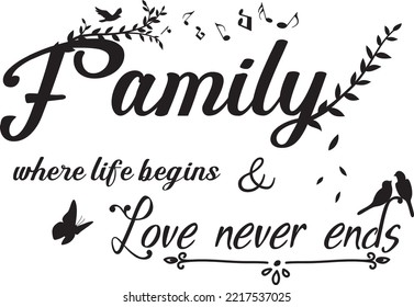 Family, Where live begins, Lettering, Wall Decoration, Stars Illustrations, Art Decor, Wording Design, Wall Decals isolated on white background. Family quotes. Poster design
