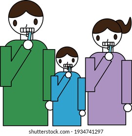 A family where parents and son brush their teeth together