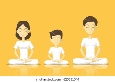 a family in white clothes meditate vector illustration