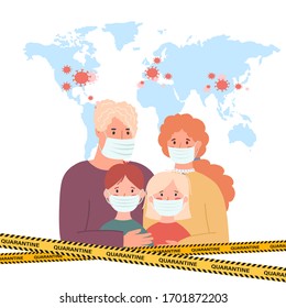 family in white medical face mask. Concept set of coronavirus quarantine illustration.