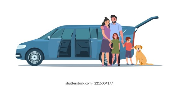 A family of white people with children standing next to their minivan car. Vector illustration.