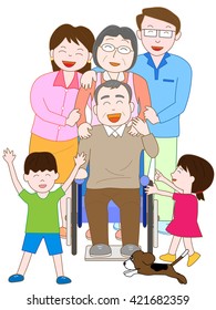 The family who cares for the elderly person of the wheelchair.