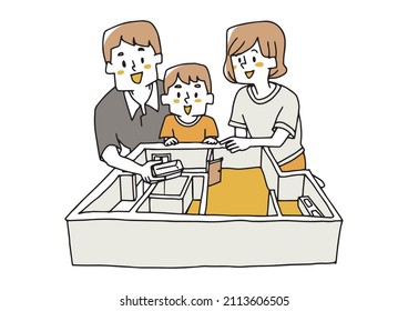 A family who enjoys discussing the ideal floor plan, a comical handwritten person, a vector, and simple coloring of line drawings.