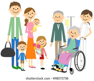 The family who has come to visit a senior citizen