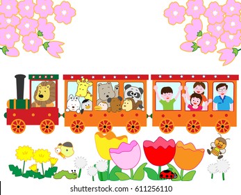 The family who travels by a train in spring.