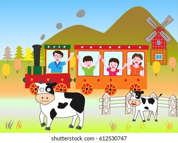 The family who travels in the farm village by bus in autumn.