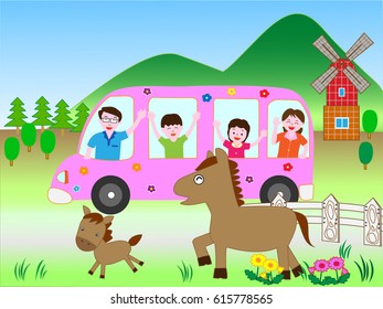 The family who travels in the ranch by bus in summer.