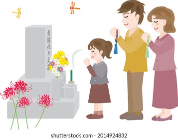 A family who visit to a grave and Japanese letter. Translation : "Ancestral tomb"
