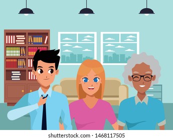 Family wife and husband with grandmother inside home vector illustration graphic design