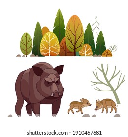 Family of wild boar, sus scrofa, with adult hairy mother and little piglets grazing in spring nature. cute piglets strung together. Wildlife forest animals. Cartoon vector illustration.
