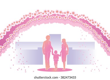 The family will head for the entrance ceremony under a row of cherry blossom trees. (The postcard template is the layout of the horizontal writing, and the white background.) 