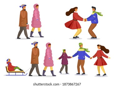 Family winter activities outdoor, parents with children walking, having fun, skating together isolated on white. Happy people father, mother and kid spend time together in the winter holidays