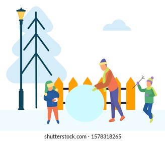 Family winter activities outdoors. Dad and sons sculpting snowman. Construction made of snow. City park with pine tree, fence and lantern. Father and children on vacation playing together vector