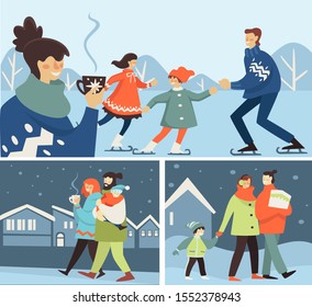 Family winter activities outdoors. Parents with kids ice skating together on a cold day. Mom and dad walking at snowing evening, holding toddler son. Fall holidays season colorful vector illustration.
