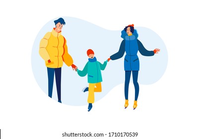 Family winter activities. Parents training kid to skate flat vector illustration. Vacation, holiday, lifestyle, leisure togetherness concept for banner, website design or landing web page