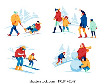 Family winter activities set. Happy parents and kids making snowman, skiing, sledding and playing snowballs together. People having fun on winter holidays, mountain resort cartoon vector illustration