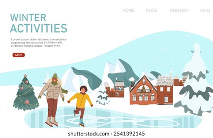 Family Winter Activity Holidays. Ice skating, walking. Landing pages template. Flat vector illustration, hand drawn art.