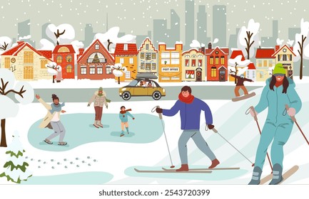 Días festivos familiares de la actividad del invierno. Pista de hielo con diferentes personas sobre fondo de la ciudad. Escena de vacaciones de invierno con niños, hombres y mujeres en la pista de patinaje sobre hielo del parque. Ilustración vectorial plana, dibujado a mano