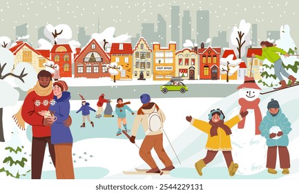 Días festivos familiares de la actividad del invierno. Pista de hielo con diferentes personas sobre fondo de la ciudad. Escena de vacaciones de invierno con niños, hombres y mujeres en la pista de patinaje sobre hielo del parque. Ilustración vectorial plana, dibujado a mano