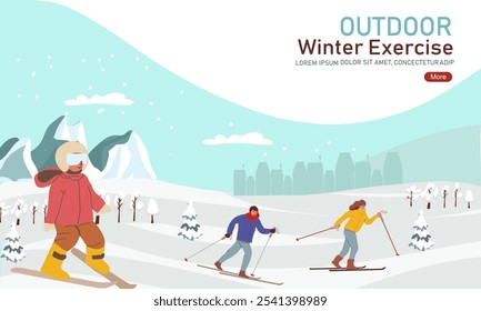 Family Winter Activity Holidays. Skiing, alpine, mountain, mountains, space, people. Landing pages template. Flat vector illustration, hand drawn art.