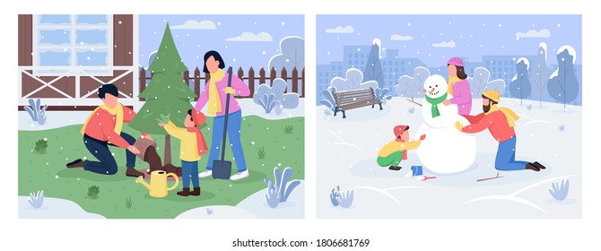 Family winter activity semi flat vector illustration set. Tree planting in backyard. Snowman in urban park. Parents and children 2D cartoon characters for commercial use collection