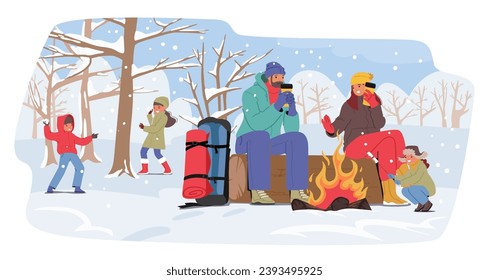 Familie in einem Winterlager, Eltern schlüpfen um ein Keksfeuer, Kinder spielen bei Frostluft. Schneebedeckte Bäume schaffen einen ruhigen Hintergrund für ihr gemütliches Treffen. Vektorgrafik von Cartoon People