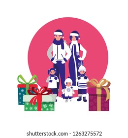 family with winter clothes and christmas gift box