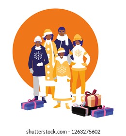 family with winter clothes and christmas gift box