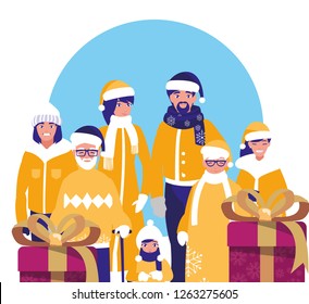 family with winter clothes and christmas gift box