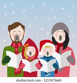 family in winter clothes singing Christmas carols from a song sheet