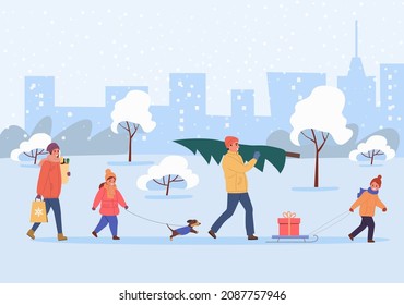 Family in winter clothes walking with Christmas tree, dog, sled and shopping bags in winter landscape. Vector flat style illustration