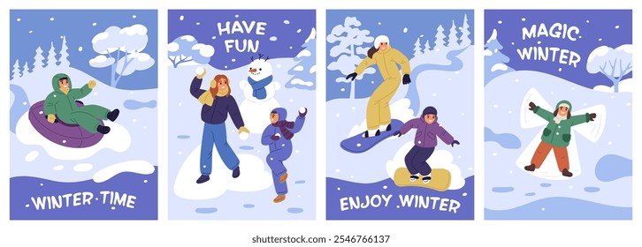 Family winter entertainment cards. Outdoor snow games. Parents with children playing snowballs. Kids make angels. Snowboarding and skiing. Christmas vacation. Garish