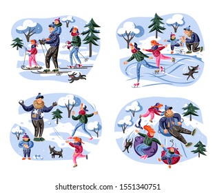 Family winter entertainment flat illustrations set. Parents with children playing snowballs, ice skating and skiing isolated design elements pack. Adults and kids characters cold season recreation