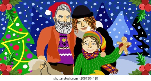 Family in winter forest at night. Christmas concept. Father in an image of Santa Claus, mother and son, embracing each other. New Year tree, snow and holly berries at the corners.
